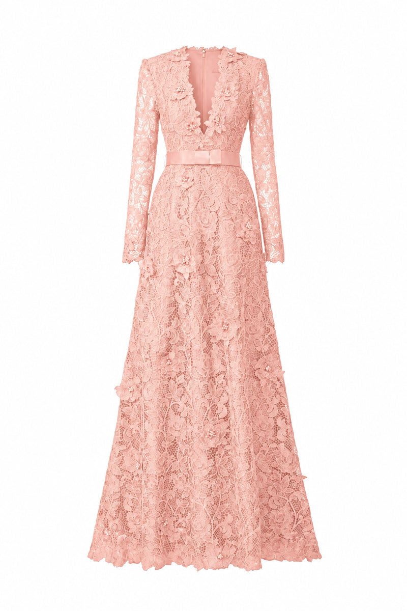 V Neck A-line Gown With Long Sleeves In Light Pink Guipure Lace