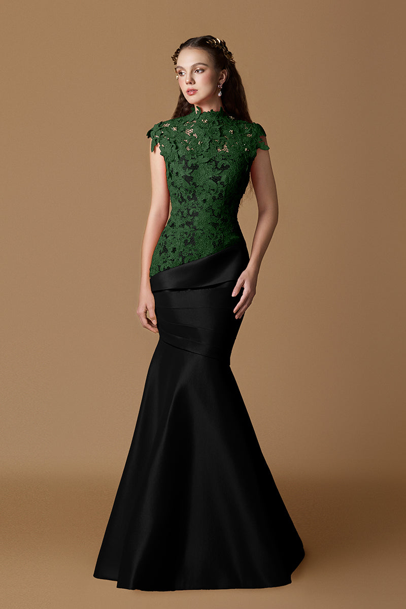 Round Neck Mermaid Gown With Pink Guipure Lace and Ivory Taffeta