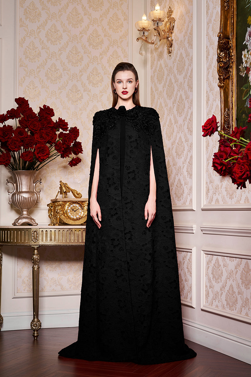 Round Neckline Sleeveless Column Gown With Long Lace Cape