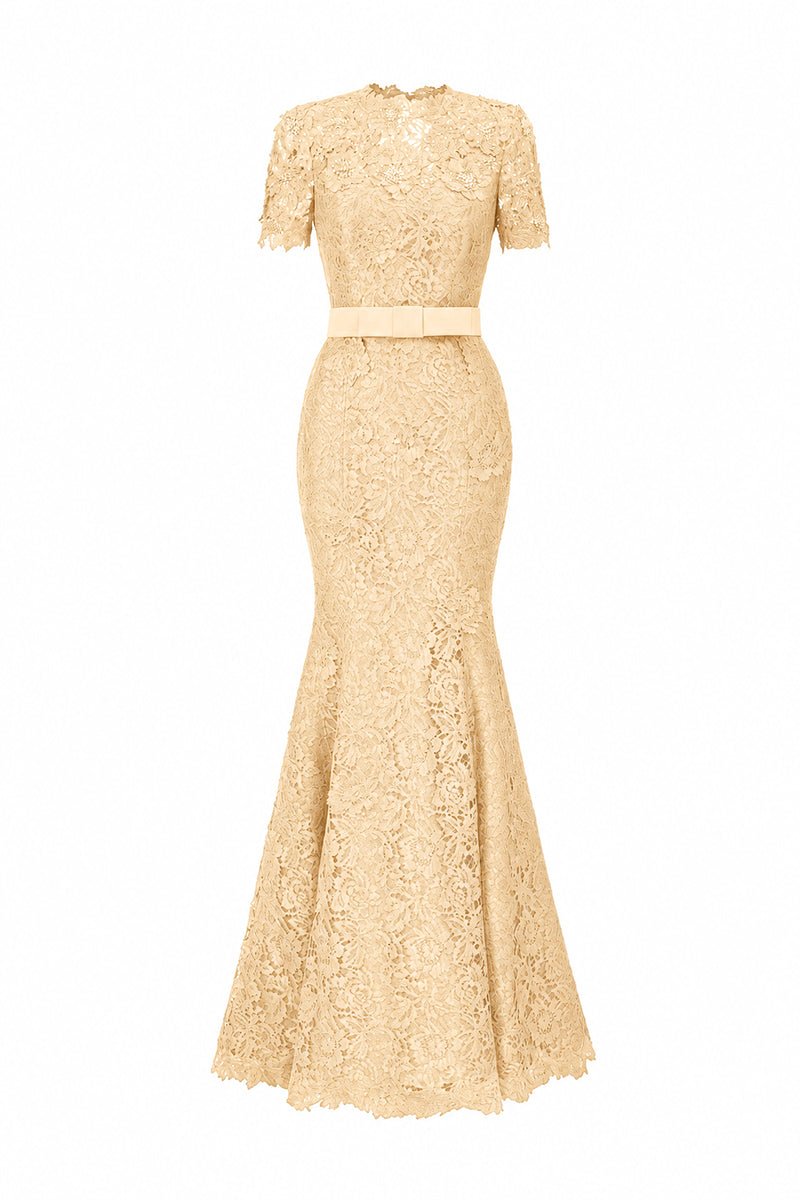 Round Neck Mermaid Gown With Short Sleeves In Beige French Lace