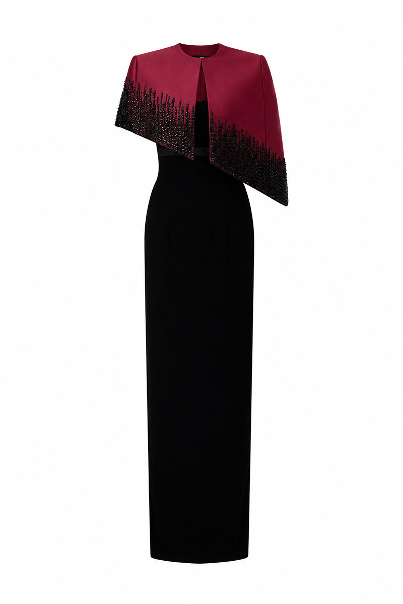 Bustier Column Gown With Mini Cape In Dark Red Taffeta & Black Crepe