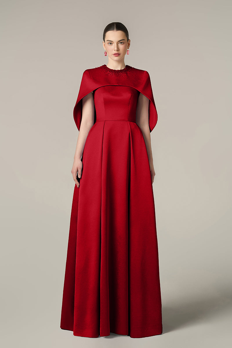 Round Neck A-Line Gown With Circular Cut Mini Cape