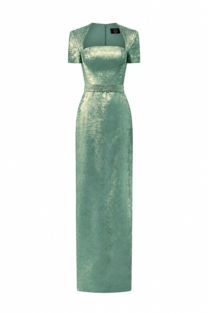 Trapeze Neck Column Gown With Short Sleeves In Metallic Silk