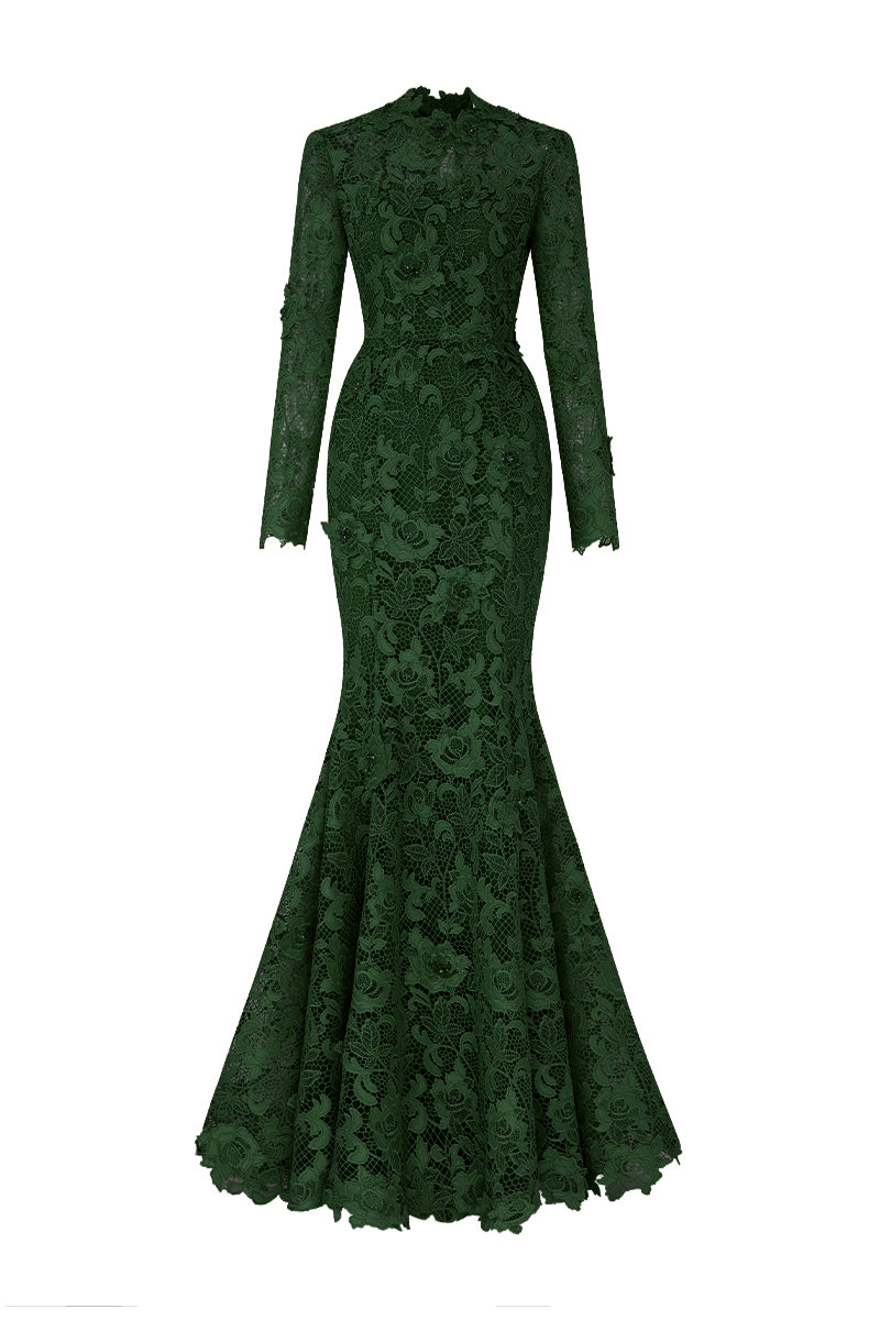 Round Neck Mermaid Gown With Long Sleeves In Dark Green Guipure Lace