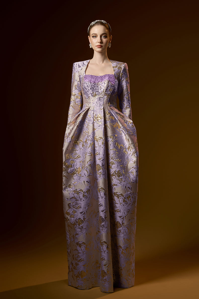 Trapeze Neck Ballgown With Long Sleeves In Jacquard