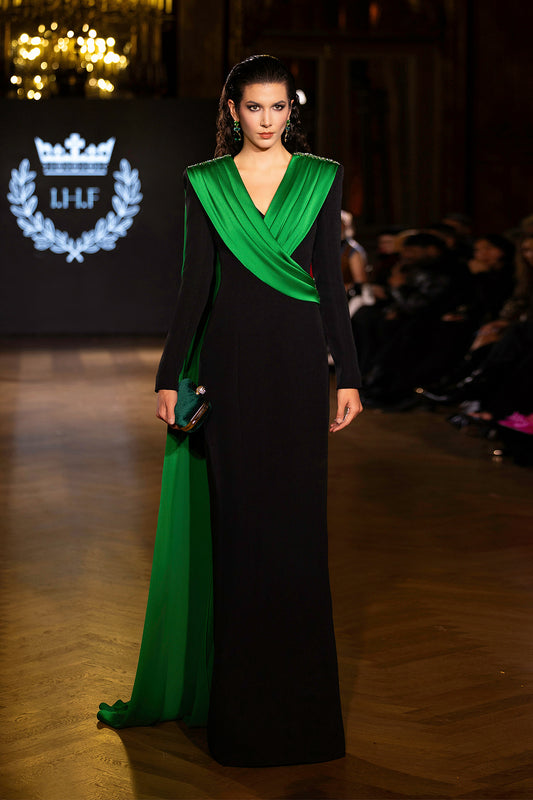 V-Neckline Long Sleeves Scuba Gown With Pleated Silk Details