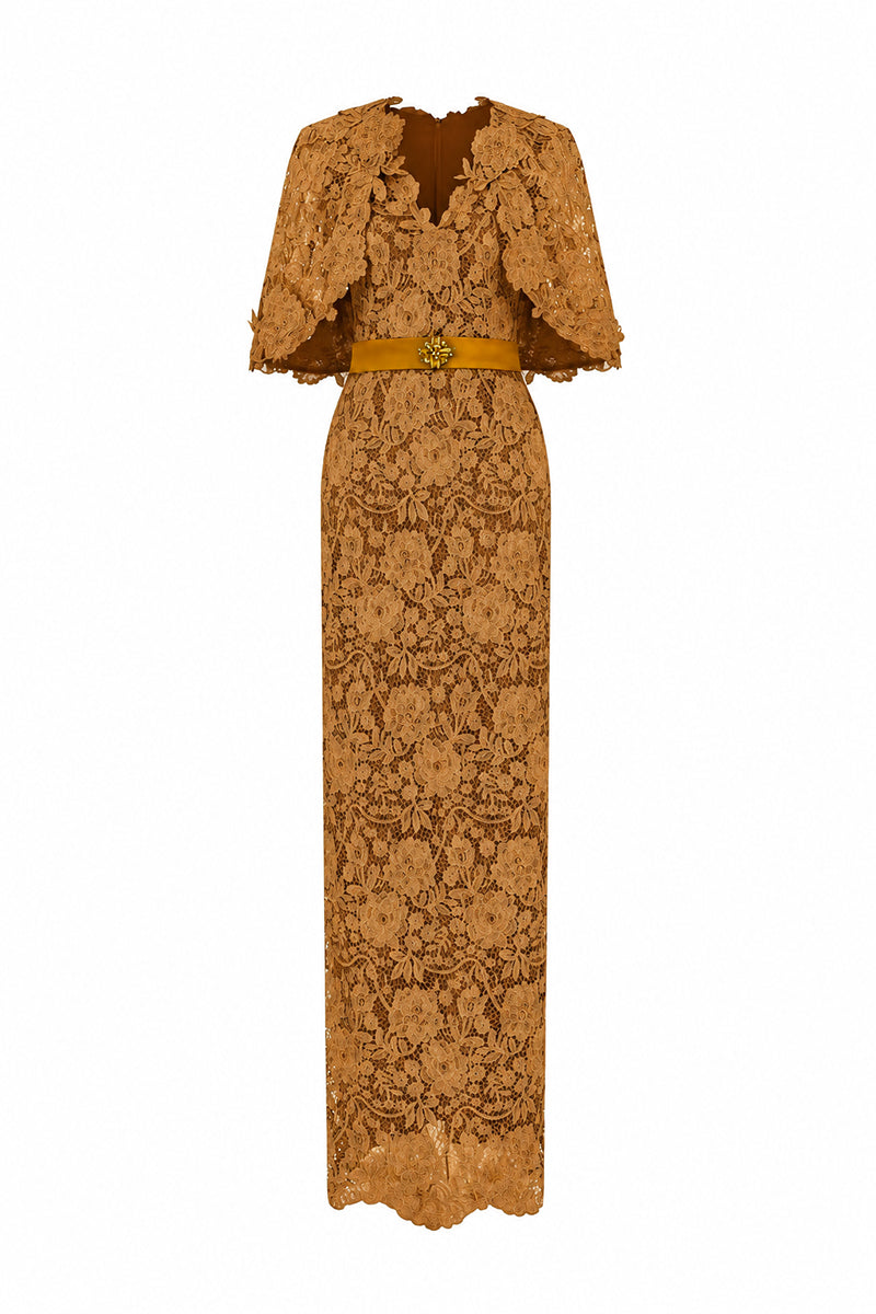 V-Neck Column Gown With Mini Cape Sleeves