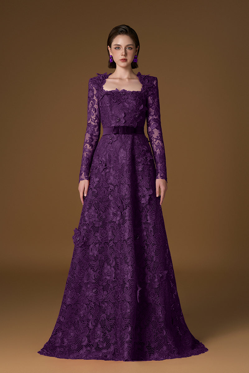 Trapeze Neck A-line Gown With Long Sleeves In Red Guipure Lace