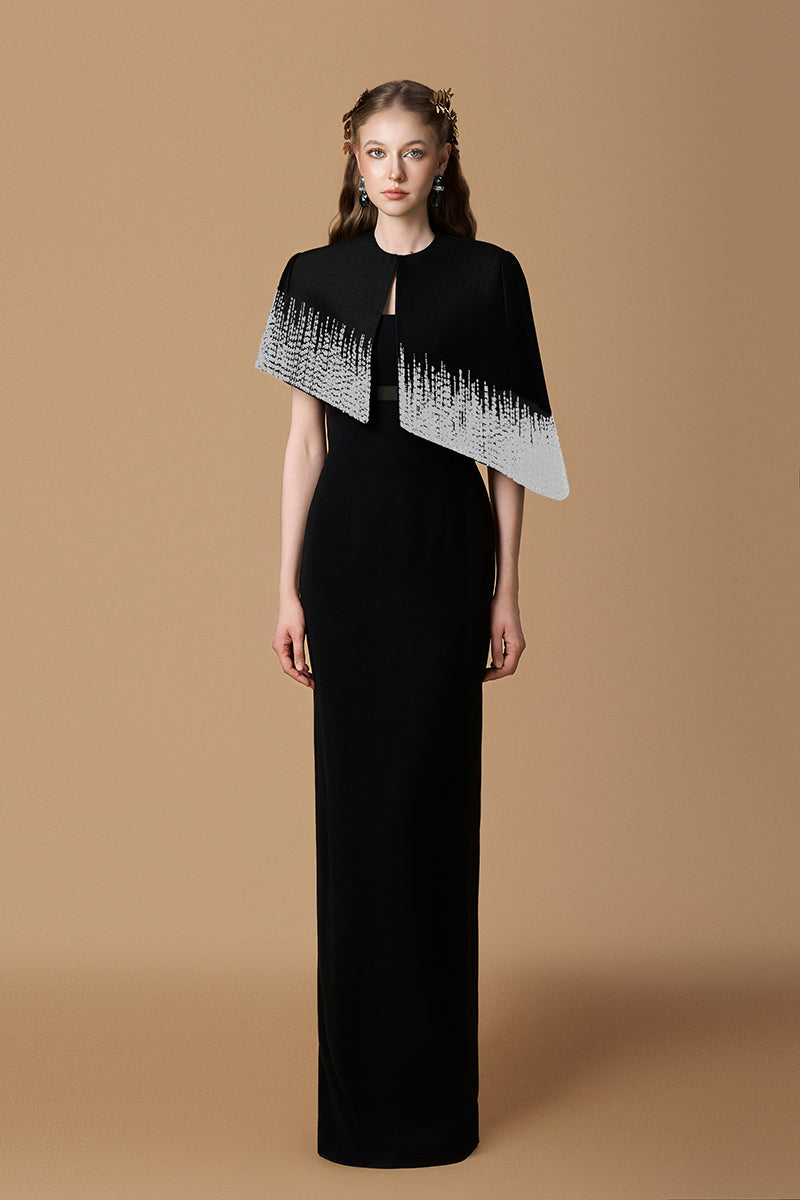 Bustier Column Gown With Mini Cape In Dark Green Taffeta & Black Crepe