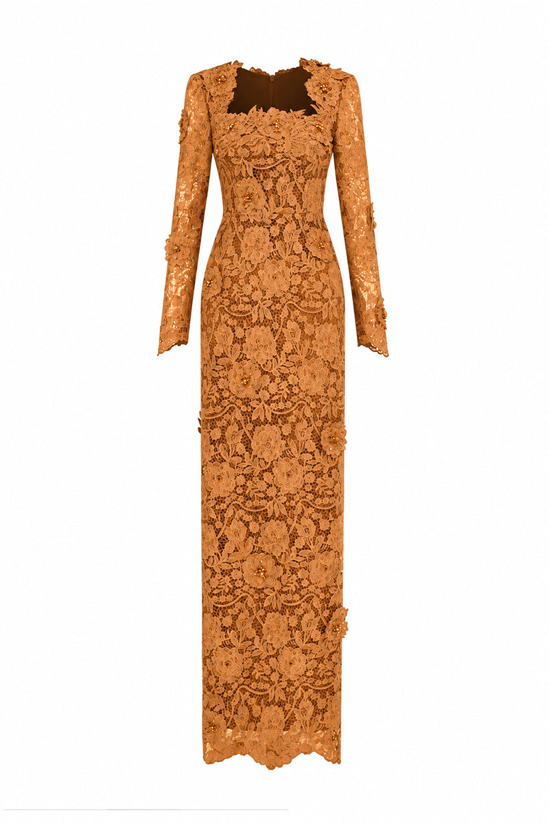 Trapeze Neck Column Gown With Long Sleeves In Guipure Lace