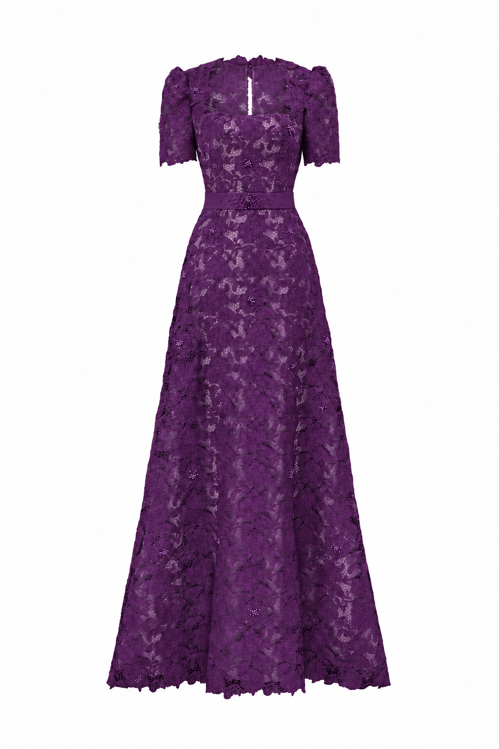Trapeze Neck A-line Gown With Short Sleeves In Purple Guipure Lace