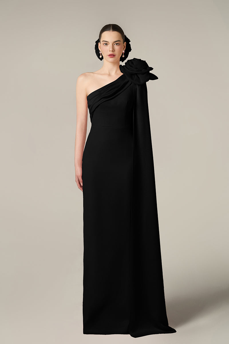 One Shoulder Column Gown With Draped Rose