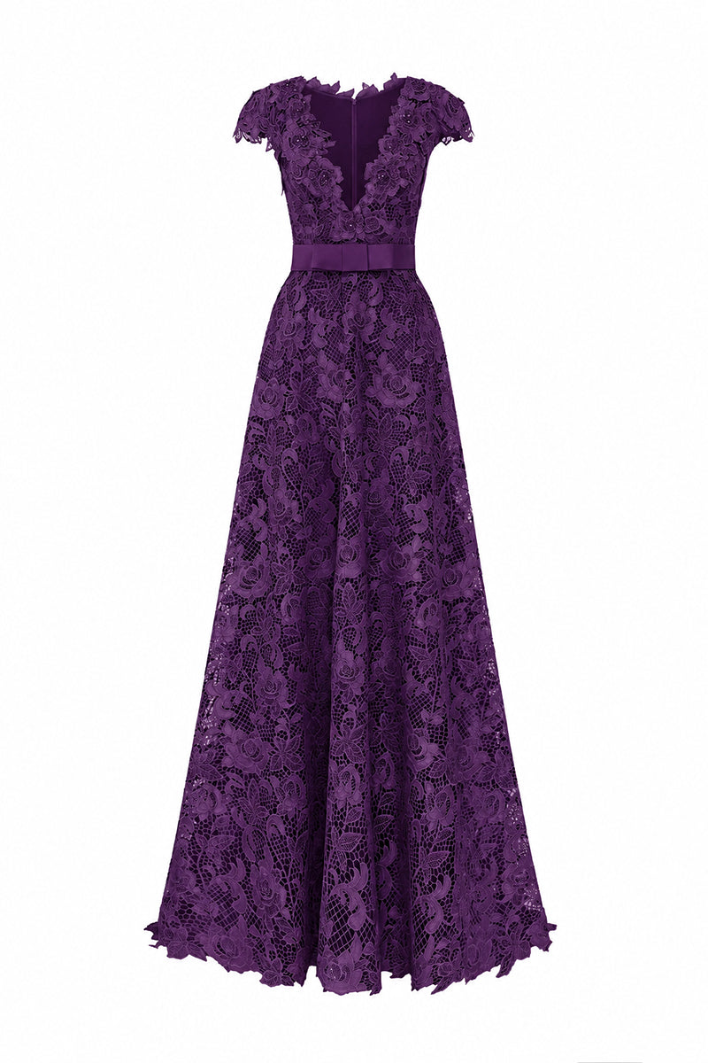 V-Neck Sleeveless A-Line Gown In Dark Purple Guipure Lace