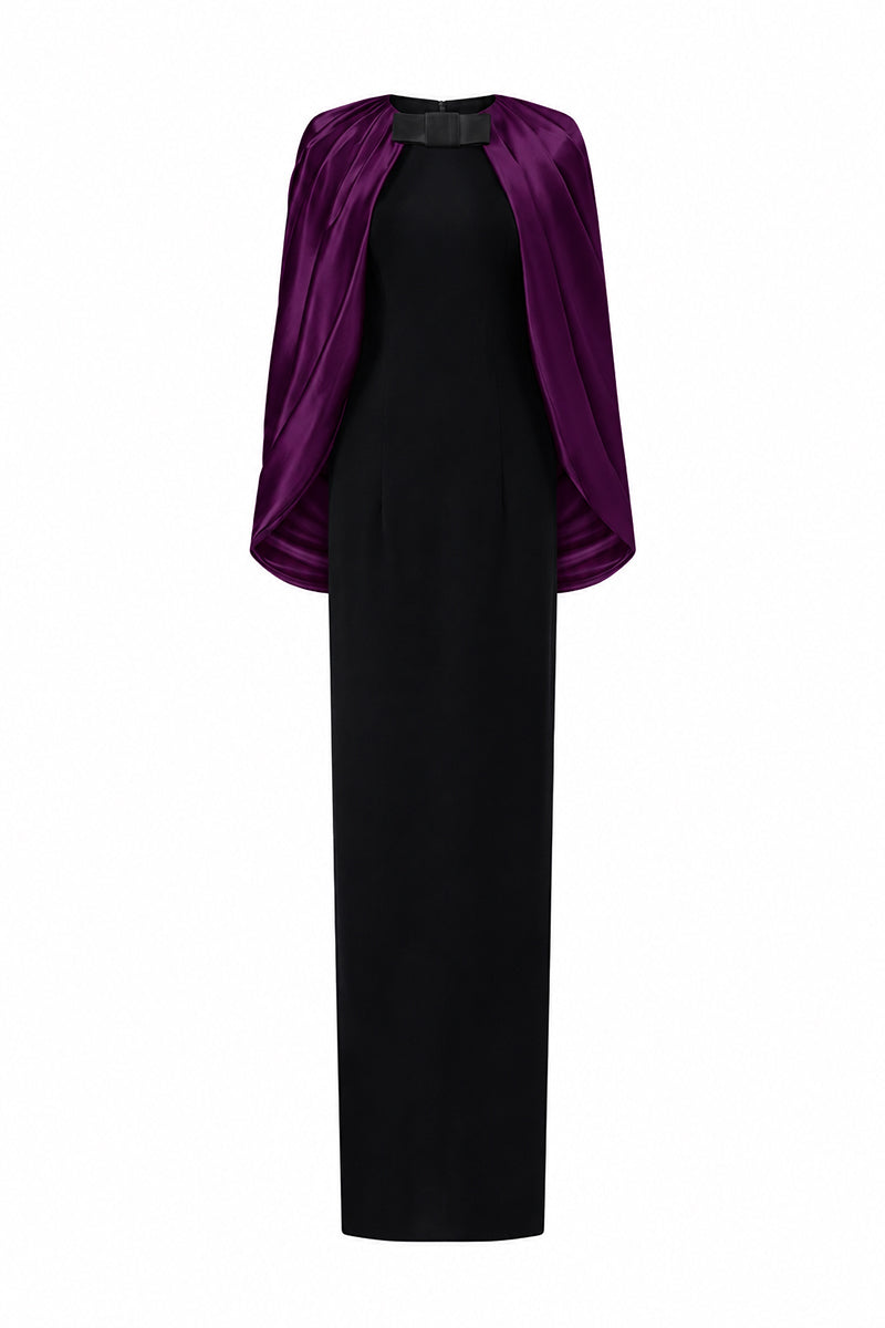 Round Neck Column Gown With Cape Sleeves In Black Crepe & Purple Silk