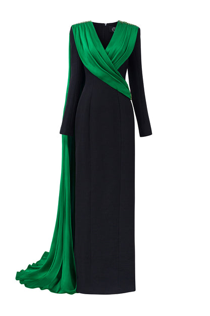 V-Neckline Long Sleeves Scuba Gown With Pleated Silk Details