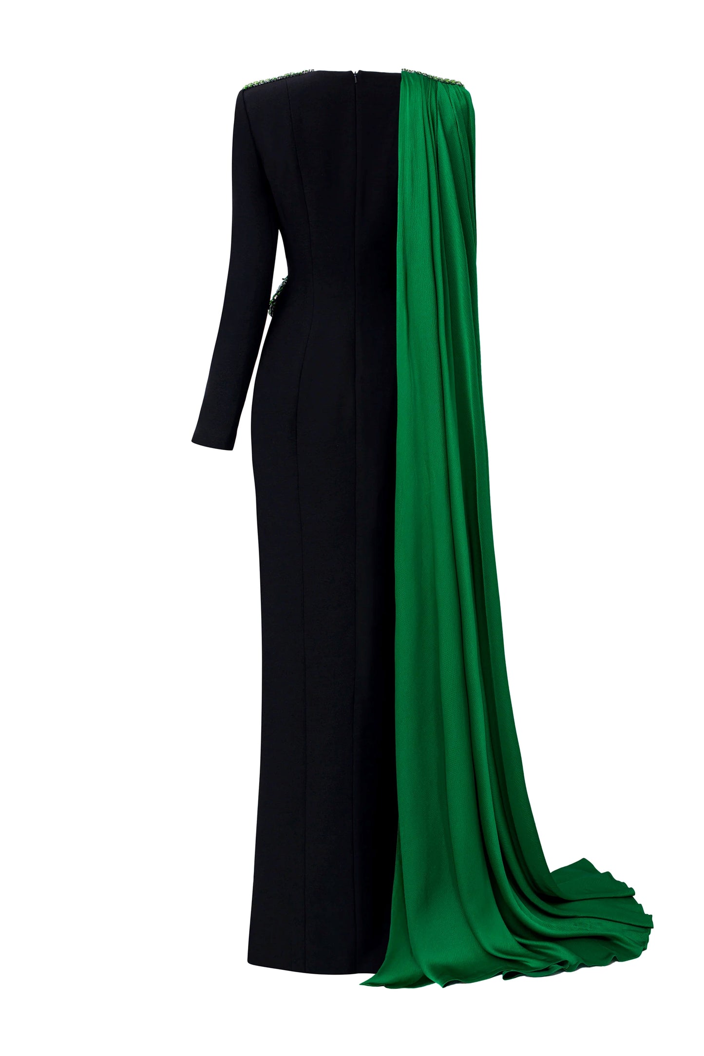 V-Neckline Long Sleeves Scuba Gown With Pleated Silk Details