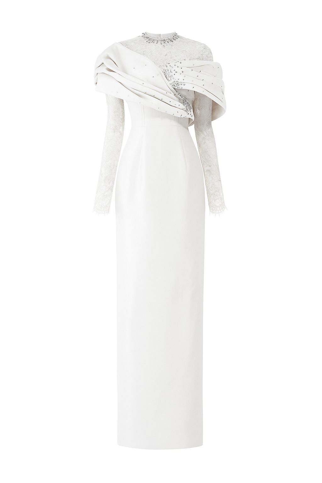 Draped Shoulder Taffeta Gown With Long Lace Sleeves
