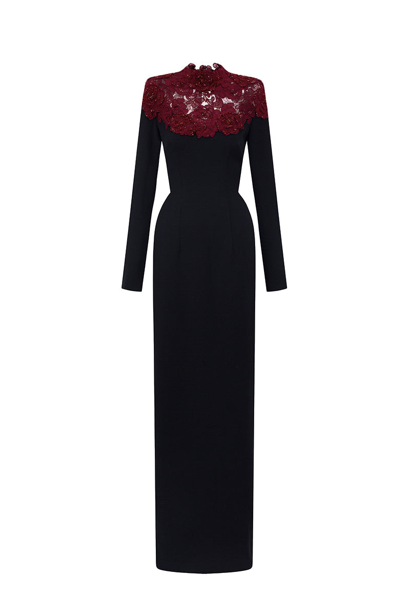 Round Neck Column Gown With Red Crystal Embellishments In Black Crepe And Burgundy Floral Garden Lace