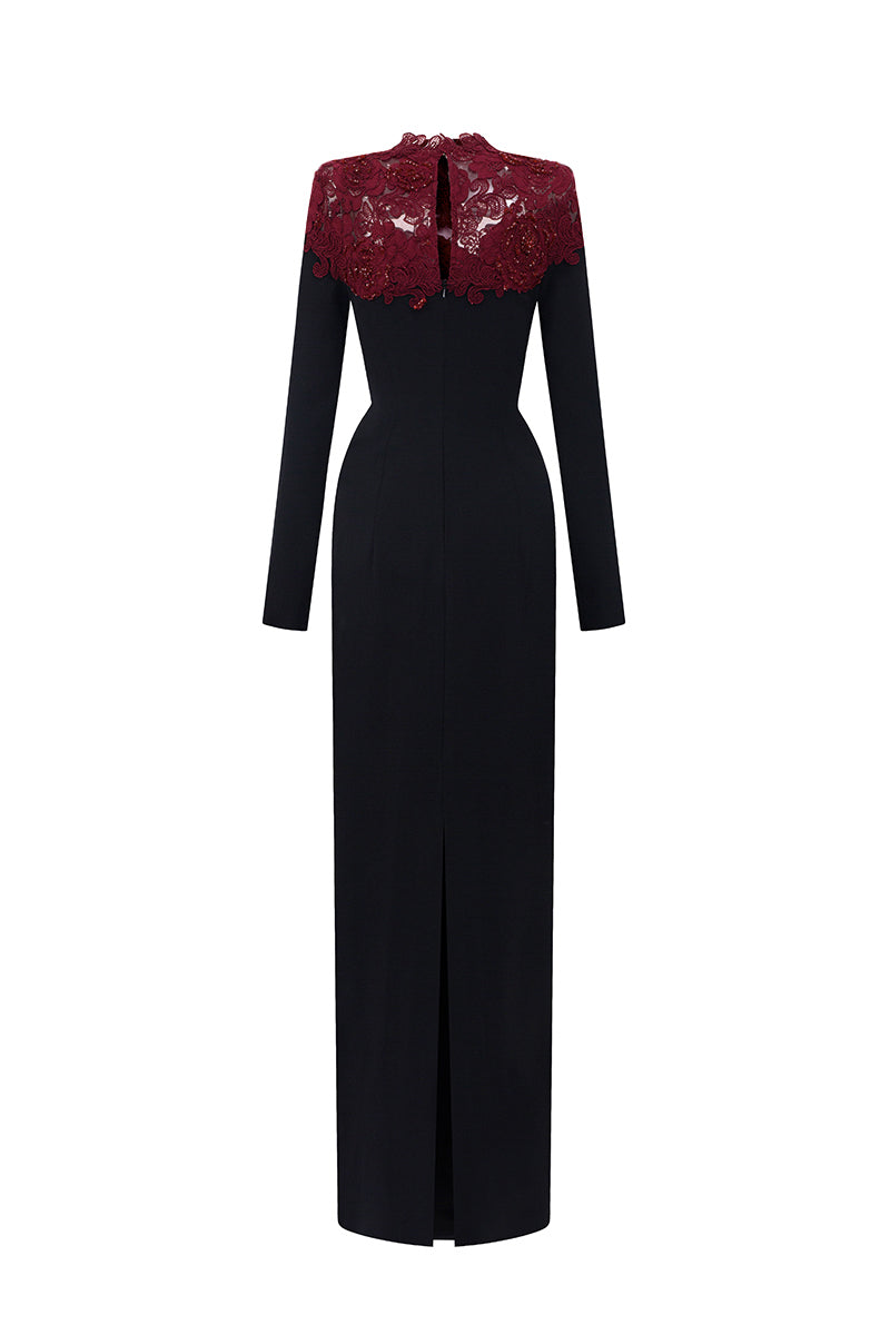 Round Neck Column Gown With Red Crystal Embellishments In Black Crepe And Burgundy Floral Garden Lace