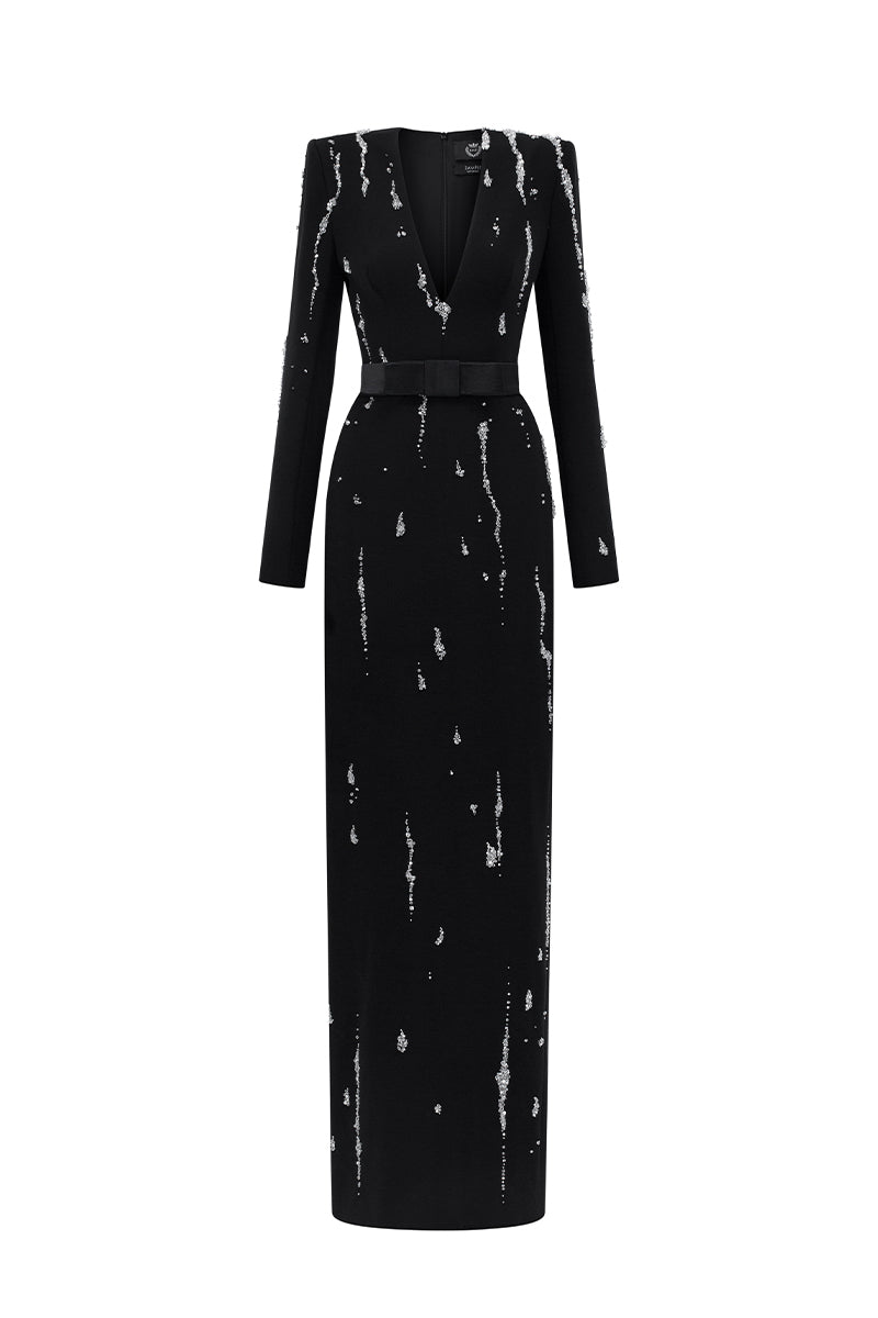 V Neck Column Gown With Flowing-Water Effect Embellishment In Black Crepe