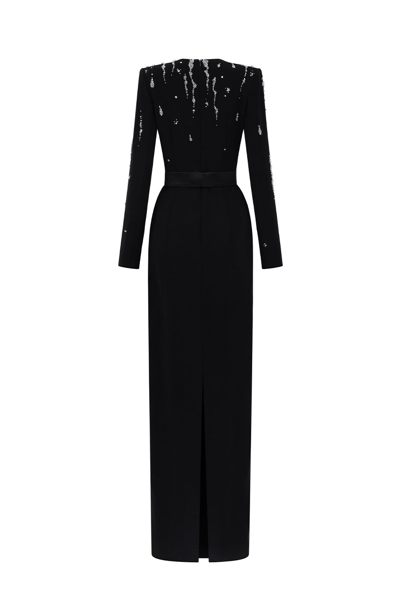 V Neck Column Gown With Flowing-Water Effect Embellishment In Black Crepe