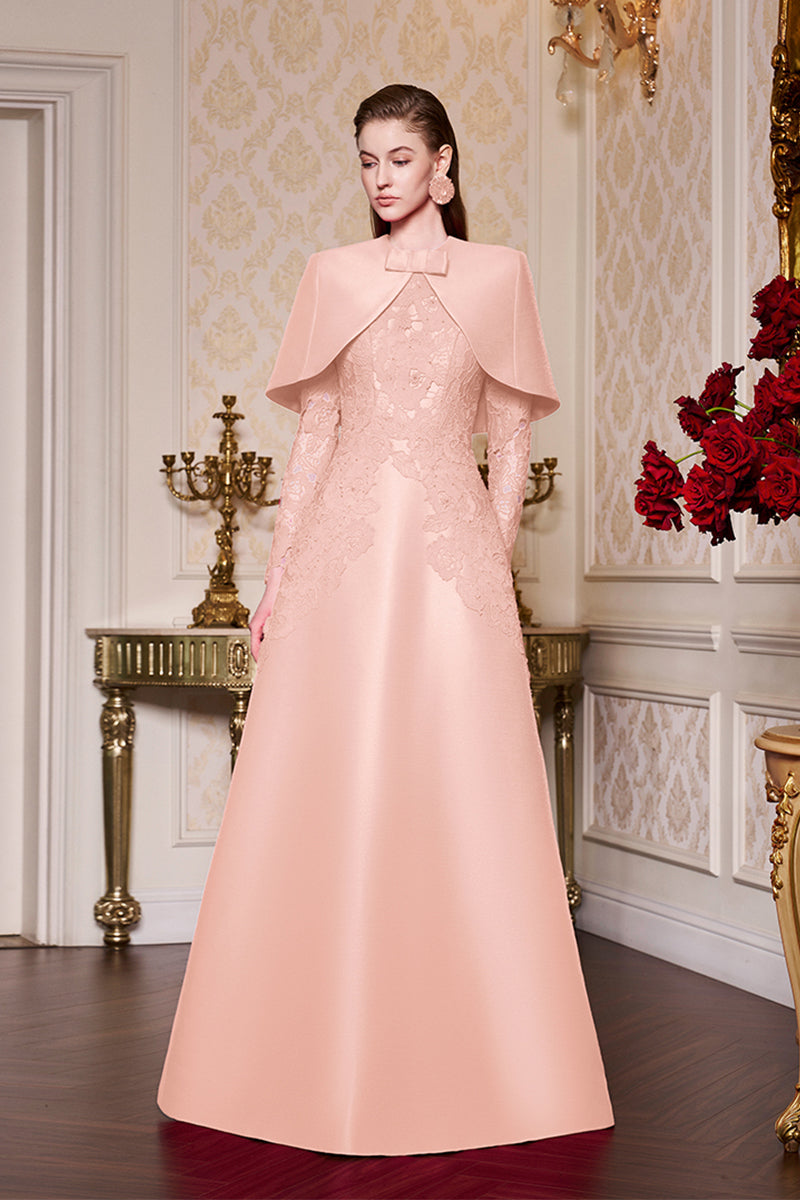 Fuchsia Lace and Taffeta Gown With Mini Cape