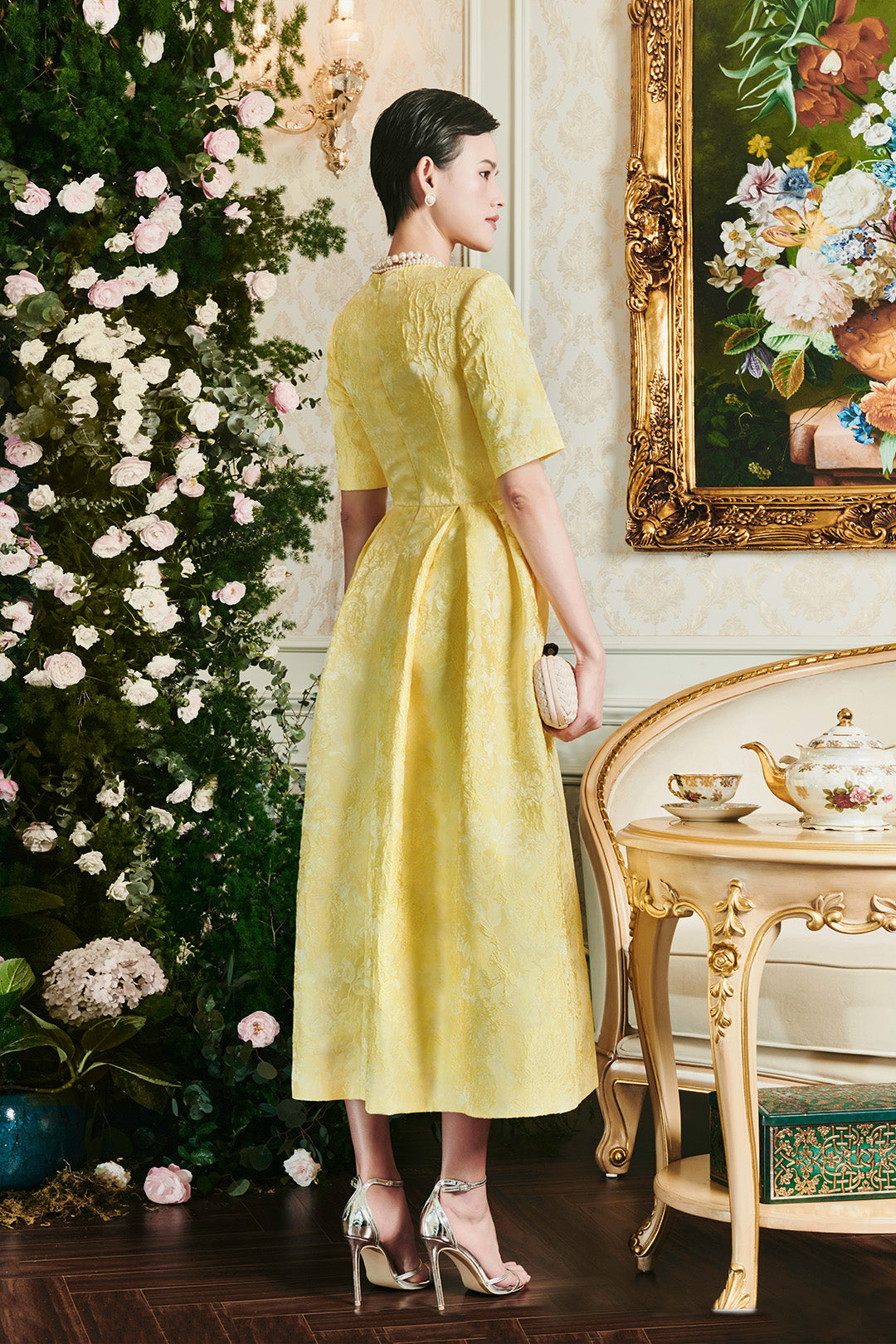 Yellow Box-Pleat Rose Jacquard Flare Dress