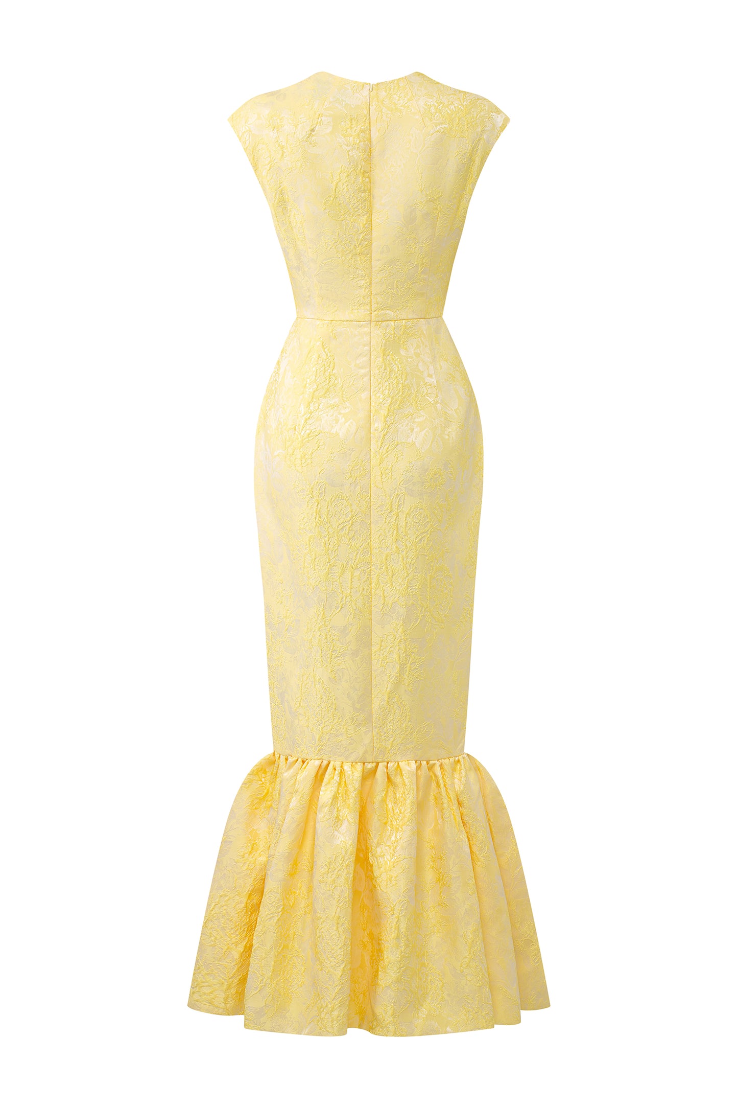 Yellow Trapez Neckline Rose Jacquard Mermaid Dress