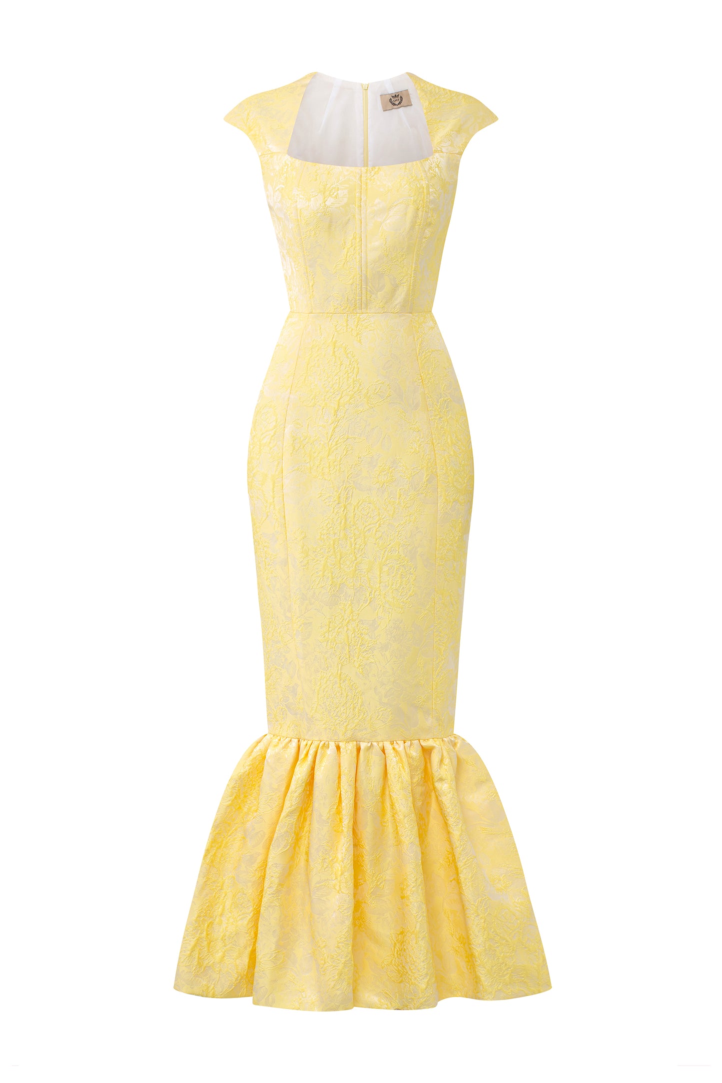 Yellow Trapeze Neckline Rose Jacquard Mermaid Dress