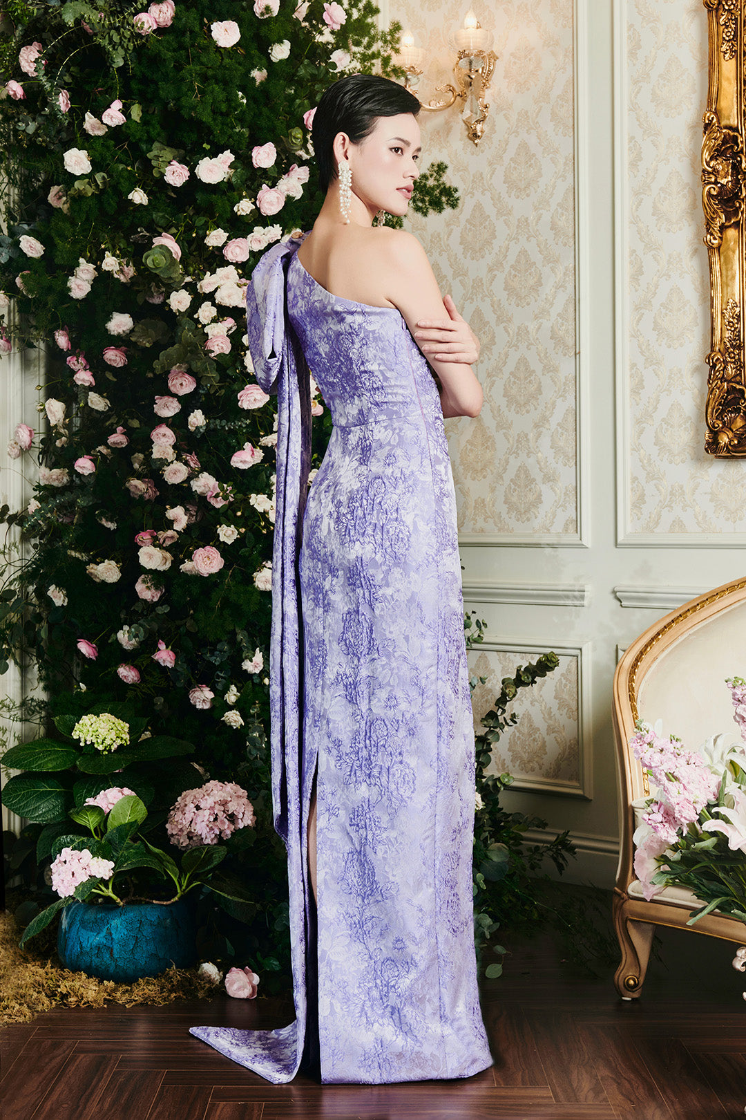 Lavender One-bow Shoulder Rose Jacquard Sheath Dress