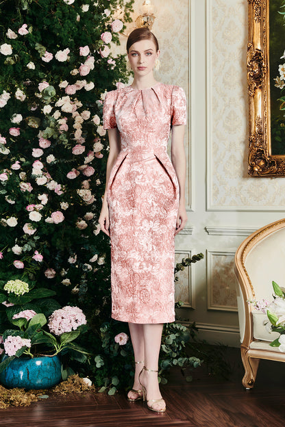Peach Pink Draped Details Rose Jacquard Dress