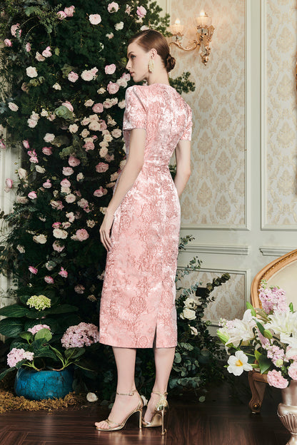 Peach Pink Draped Details Rose Jacquard Dress
