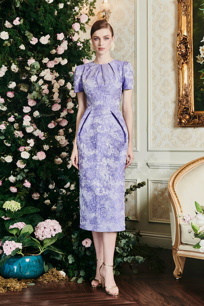 Lavender Draped Details Rose Jacquard Dress