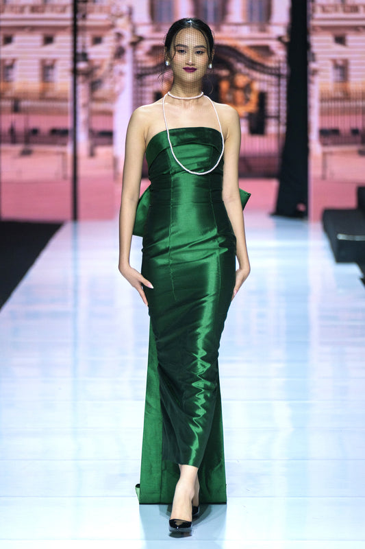 Dark Green Sparrow Back Bow Bustier Gown