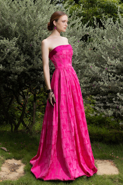 Brocade Fuchsia Strapless Bustier Grand Ball Gown