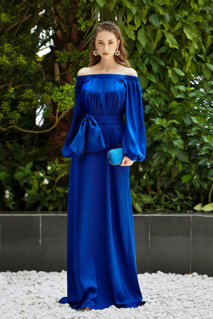 Cobalt Blue Satin With Gathering Off Shoulder Dress