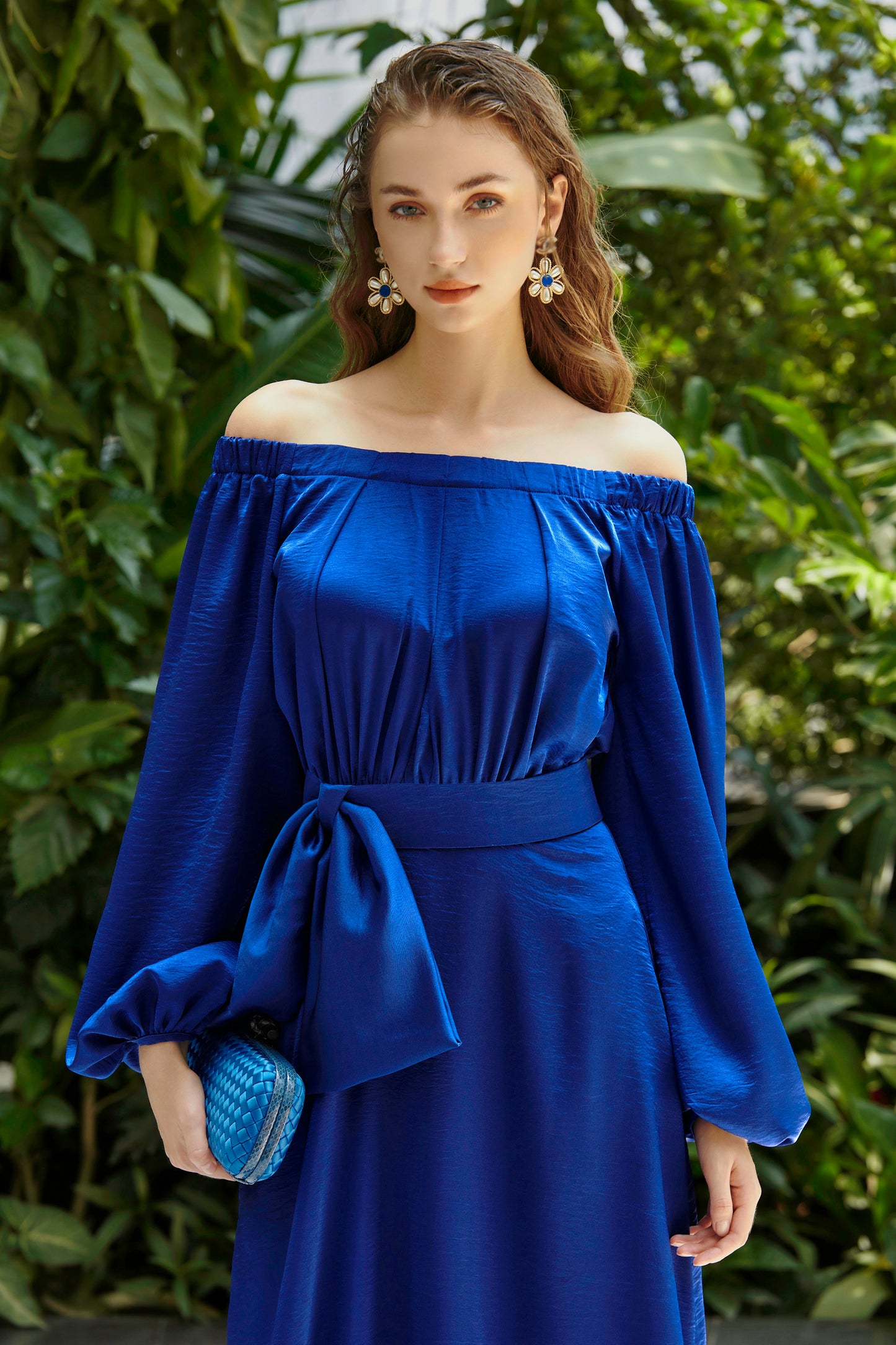 Cobalt Blue Satin With Gathering Off Shoulder Dress