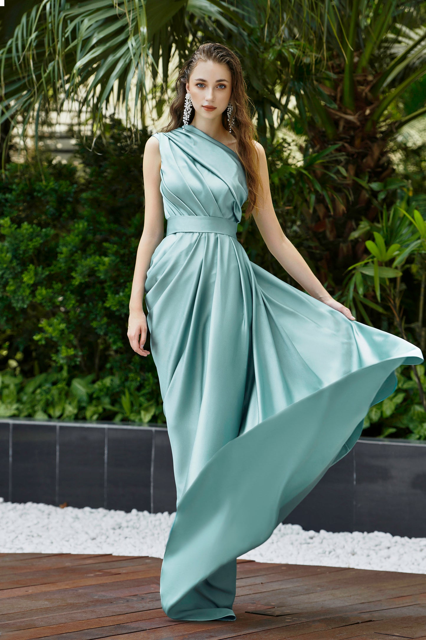 Pastel Turquoise Satin Draped Asymmetric Dress