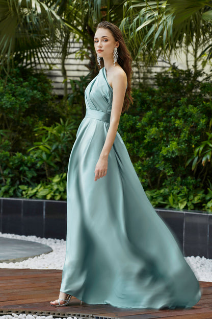 Pastel Turquoise Satin Draped Asymmetric Dress