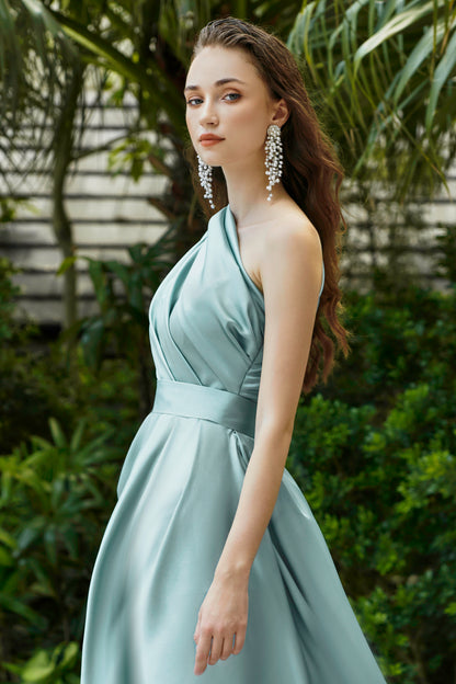 Pastel Turquoise Satin Draped Asymmetric Dress