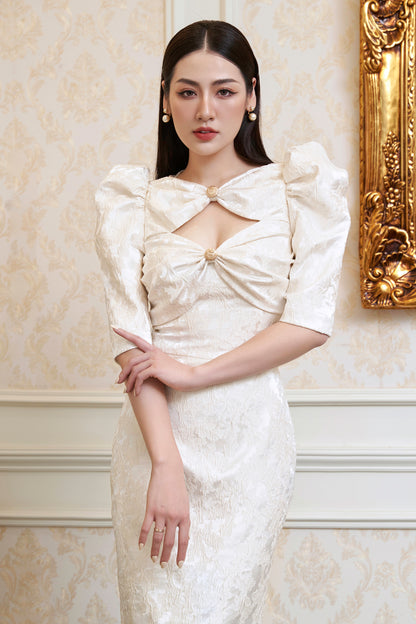 White Gathered Bustier Acanthus Jacquard Dress