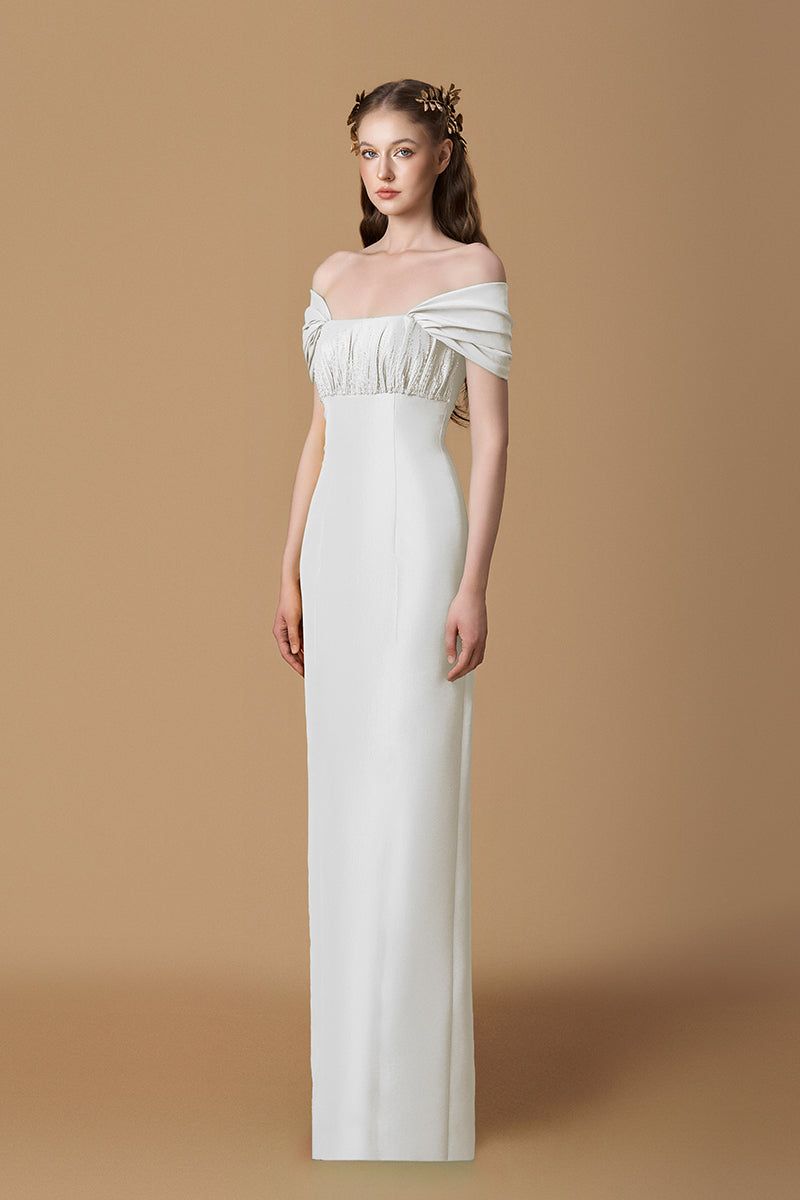 Bustier Column Gown With Draped Off-Shoulder Details In Taffeta