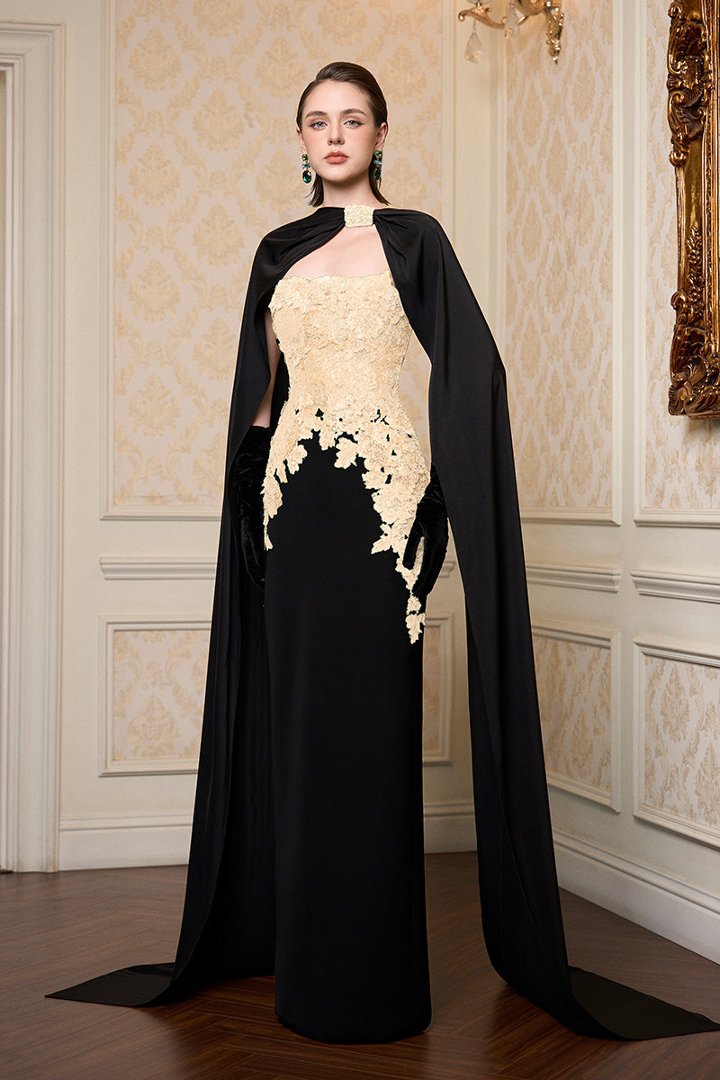 Strapless Column Gown With Long Cape In Beige French Lace & Black Crepe