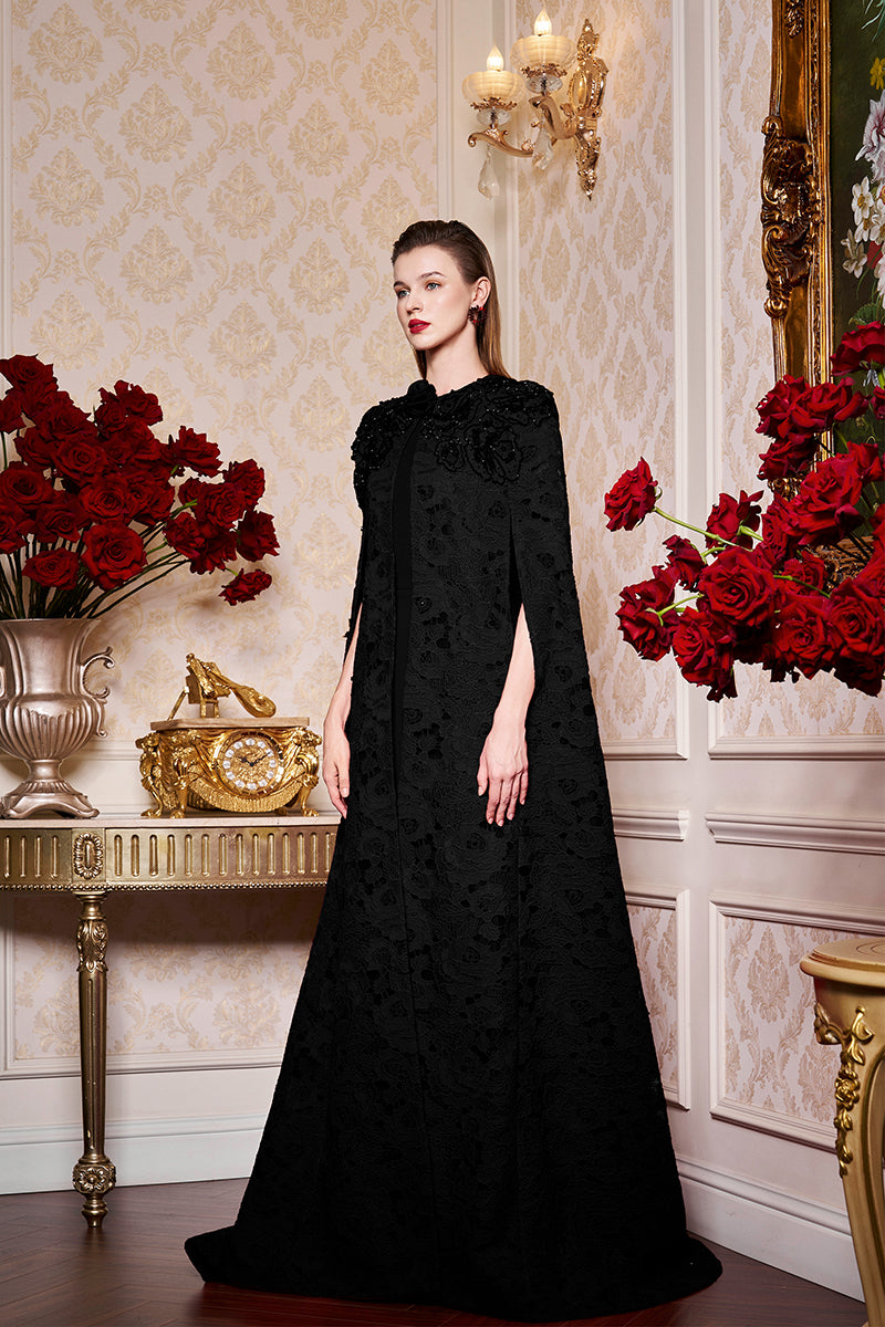 Round Neckline Sleeveless Column Gown With Long Lace Cape