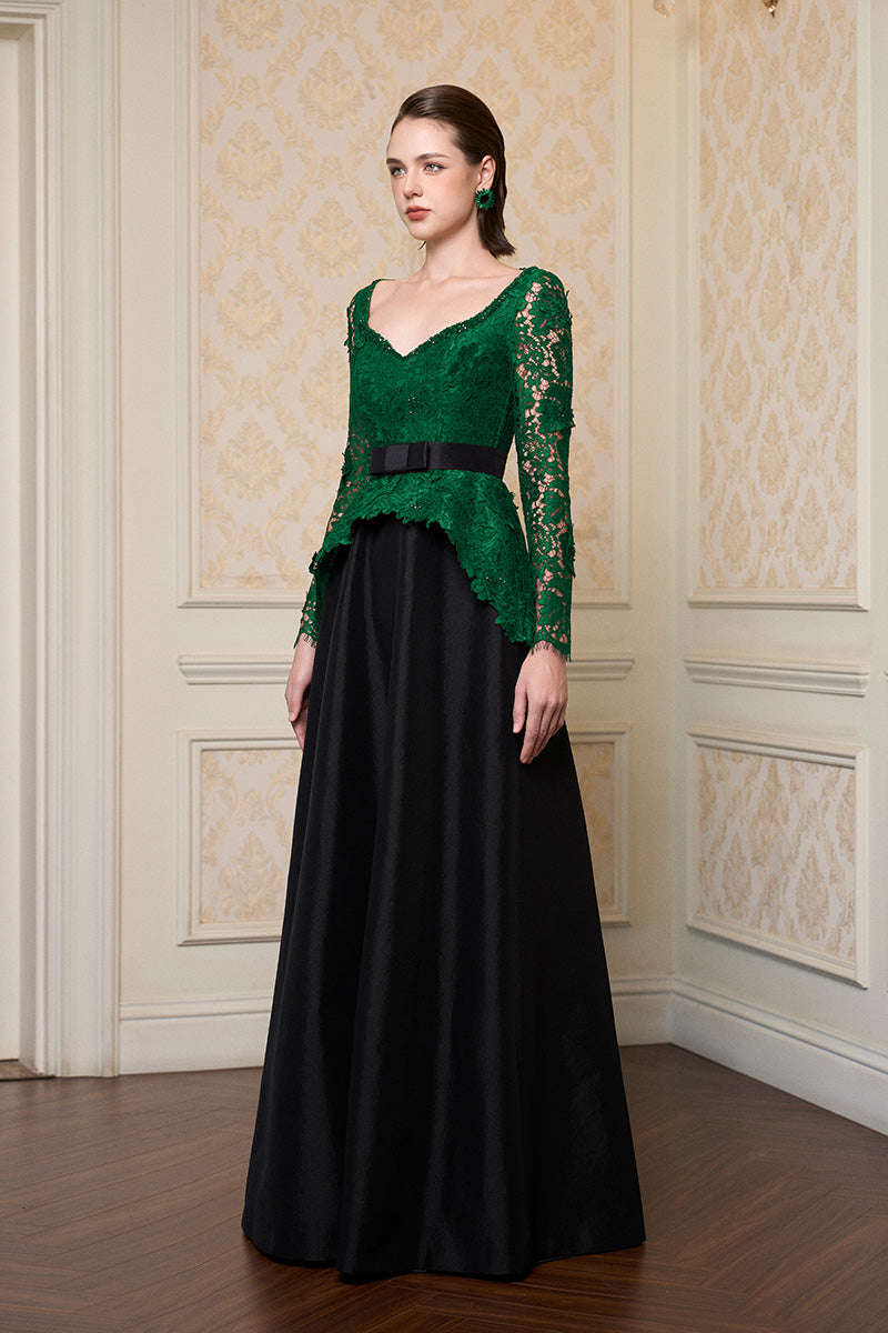 Queen Ann Neck A-Line Gown In Dark Green French Lace & Black Taffeta