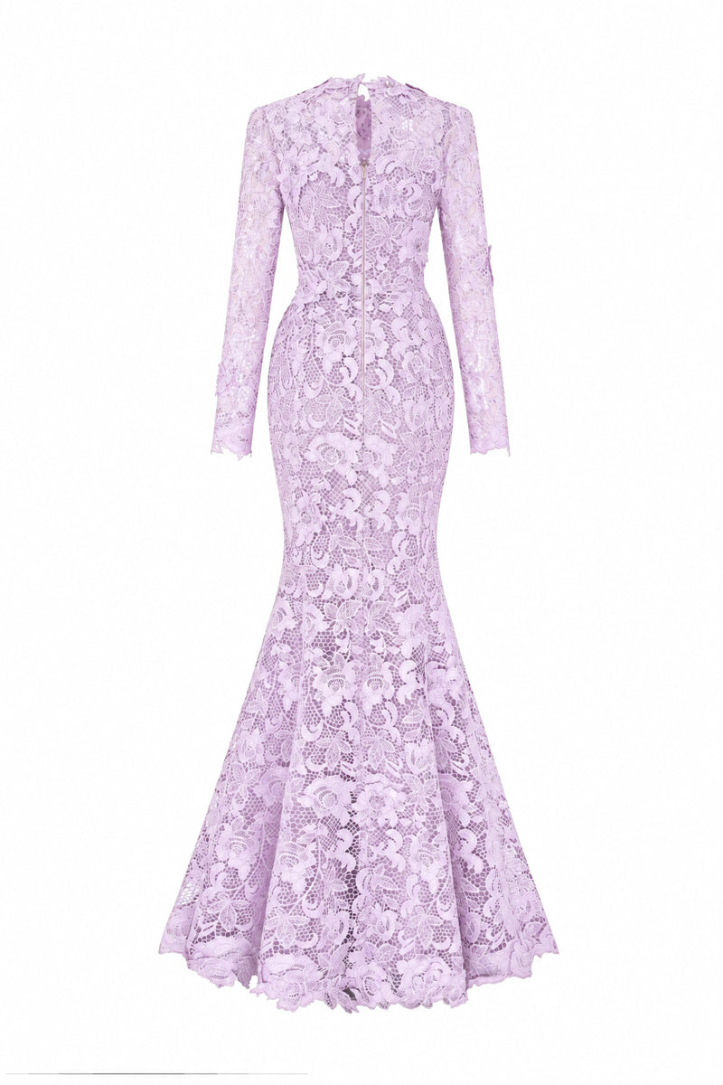 Round Neck Mermaid Gown With Long Sleeves In Light Purple Guipure Lace