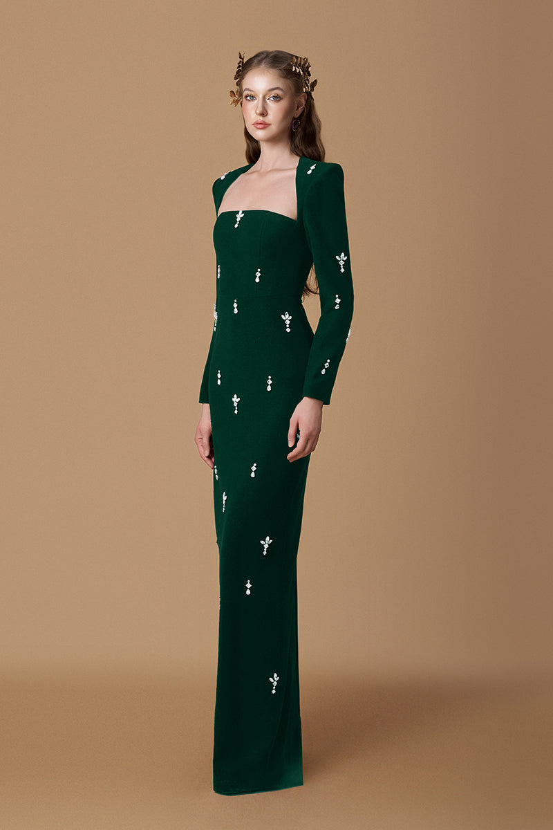 Trapeze Neck Column Gown With Long Sleeves In Black Crepe & Pink Stones