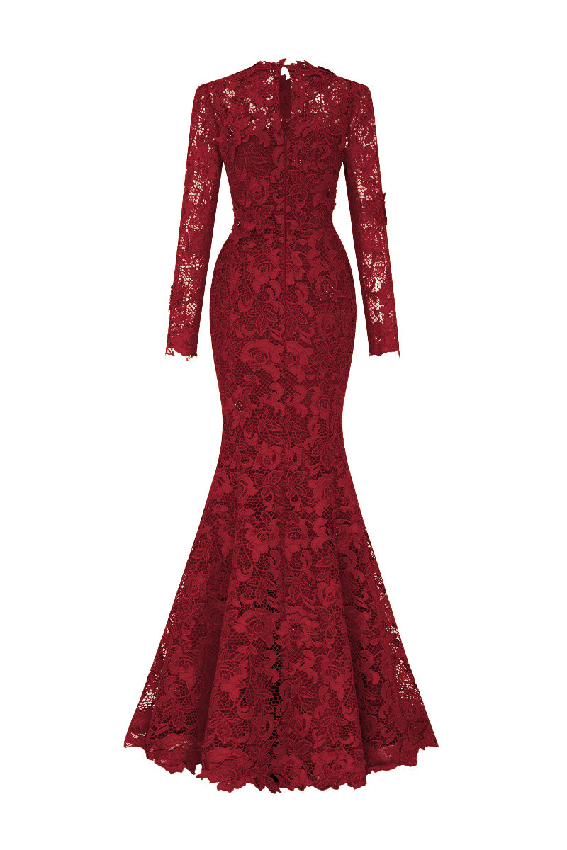 Round Neck Mermaid Gown With Long Sleeves In Red Guipure Lace