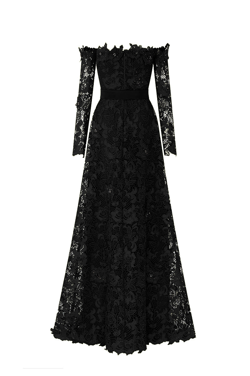 Black Long Sleeves Off-Shoulder A-Line Gown