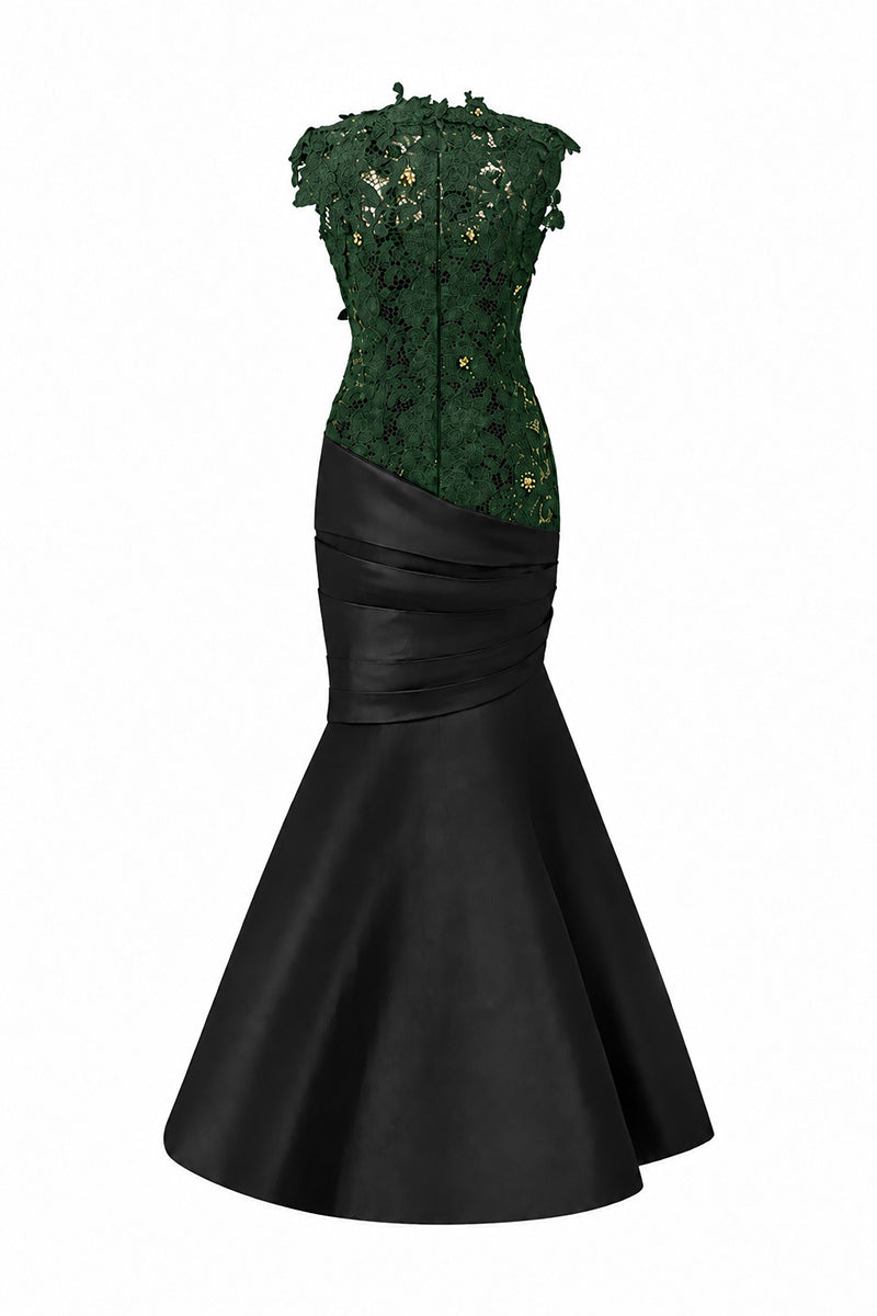 Round Neck Mermaid Gown With Green Guipure Lace and Black Taffeta